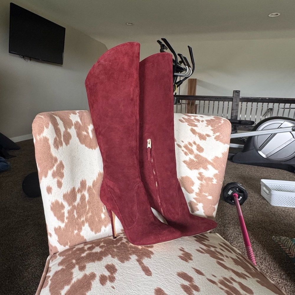 Brian Atwood Burgundy Suede Knee-High Stiletto Boots